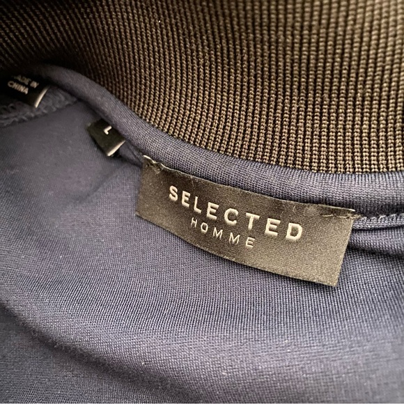 Selected Homme Dark Navy Blue with black trim 3/4 zip sweatshirt - Picture 8 of 9